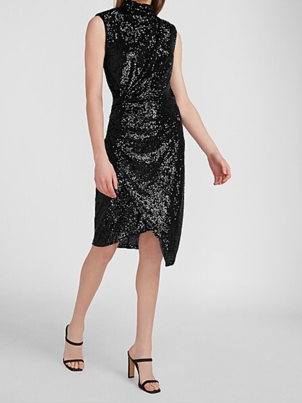 Express Black Sequin Asymmetrical Mock Neck Dress - Size Large